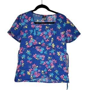 Cherokee Studio Scrub Top Size S Womens Blue Floral Short Sleeve Square Neck Shi